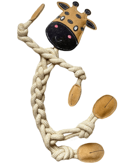 Jouet en corde pour chien en forme de girafe, avec éléments en daim bénéfiques pour les gencives, idéal pour des jeux de traction, de mastication et d’interaction.
