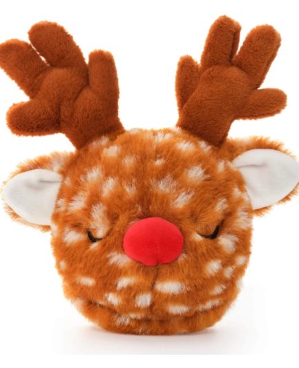 Jouet de Noël pour chien en forme de renne, peluche douce rouge et marron avec balle rebondissante amovible et éléments sonores crinkly et couineur.
