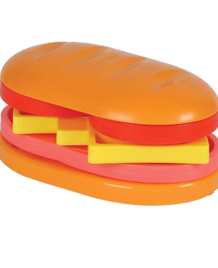 Puzzle interactif pour chien en forme de sandwich avec plusieurs couches à faire pivoter.