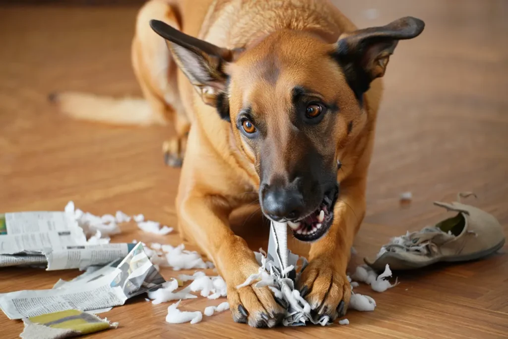 Un Malinois assis près de meubles endommagés