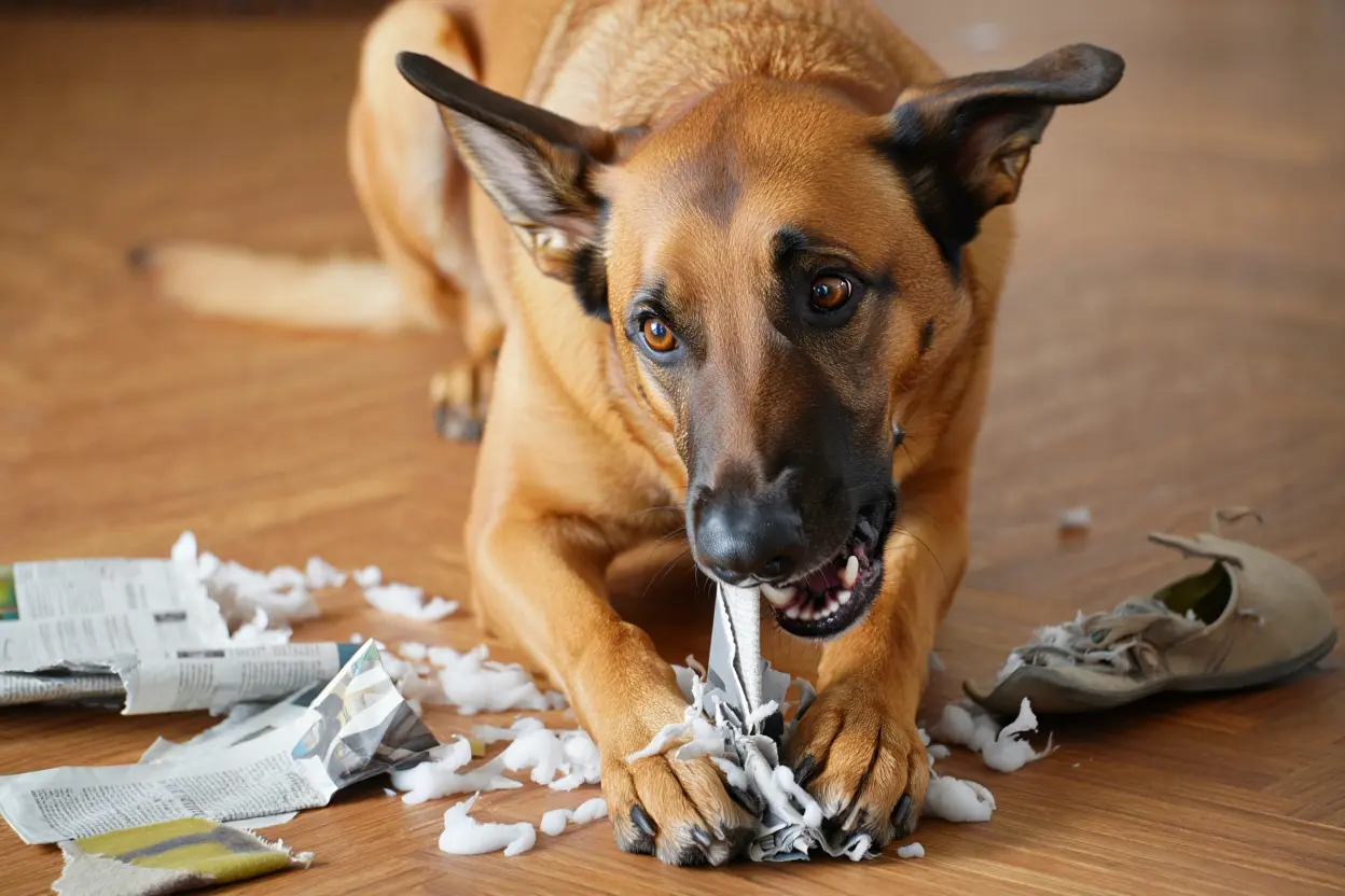 Un Malinois assis près de meubles endommagés