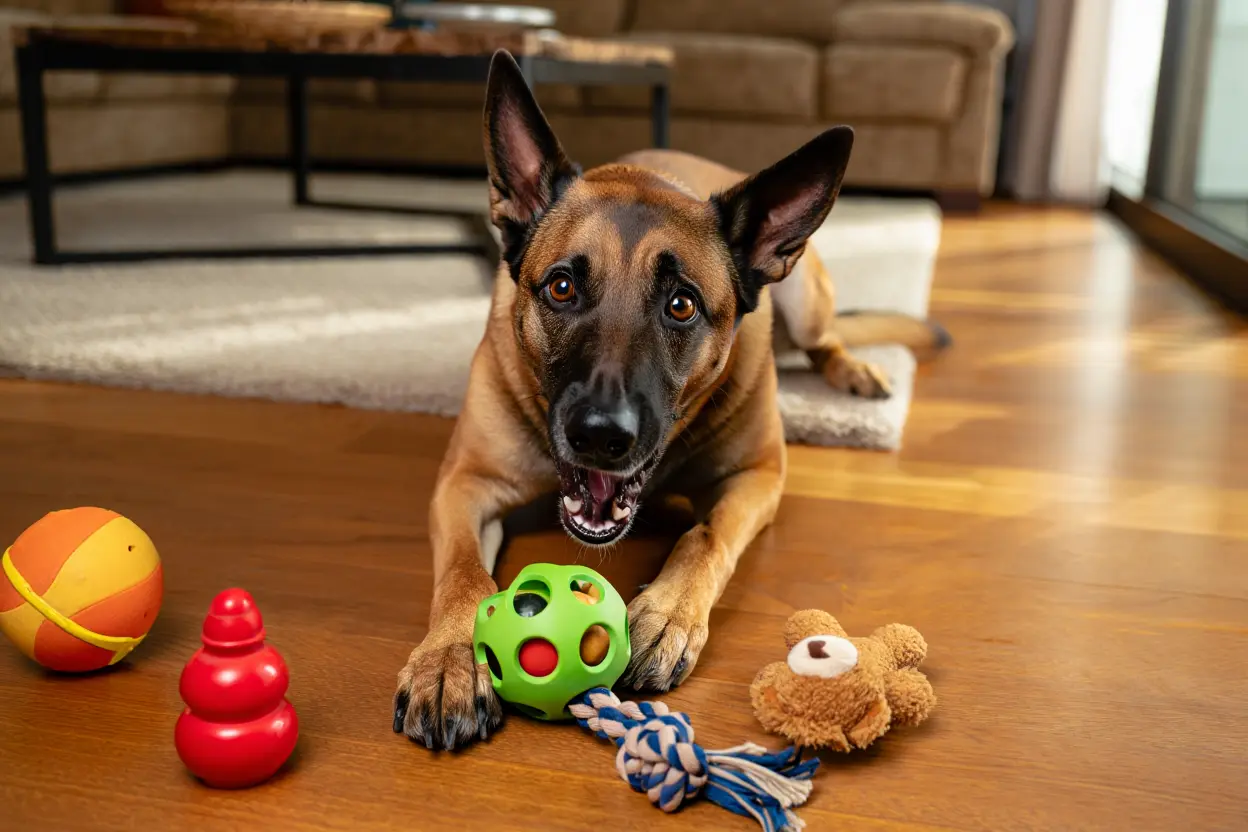 Un malinois jouant avec des jouets d'occupation robustes