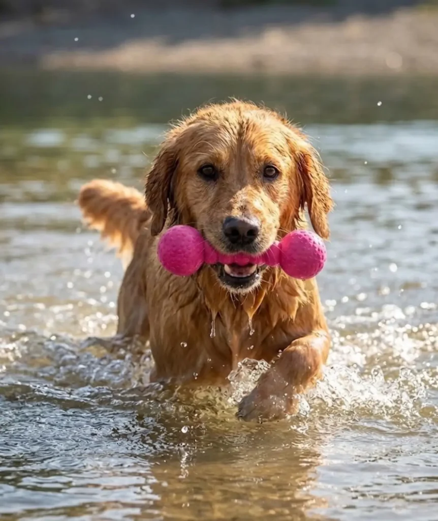 Un Golden Retriever sortant de l'eau avec le petit modèle rose du jouet flottant Aqua Fun Gym dans la gueule